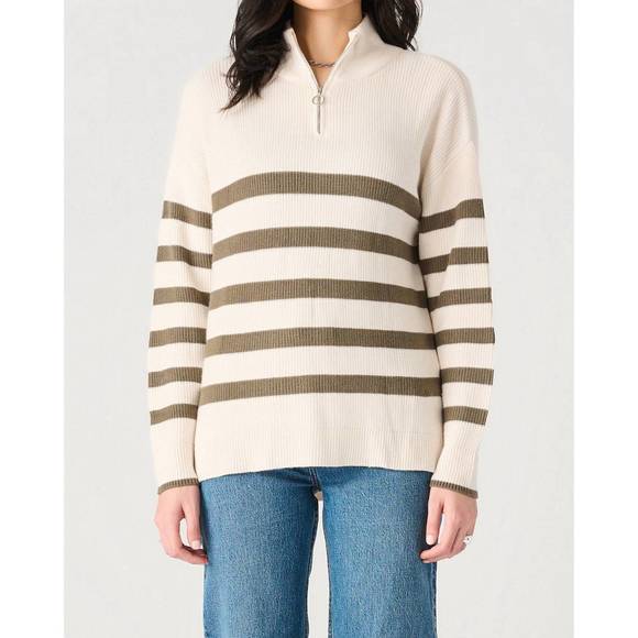 NEW DEX stripe zip-up sweater in cream/army green - Picture 1 of 3